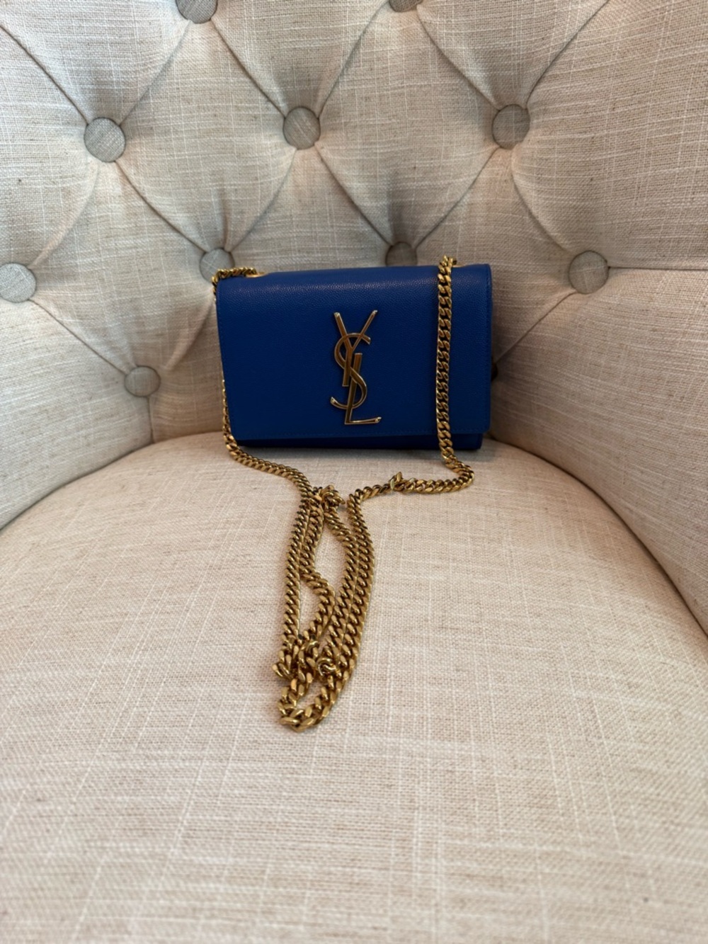 Yves Saint Laurent Cobalt Blue Leather Chain Crossbody with Gold Hardware
